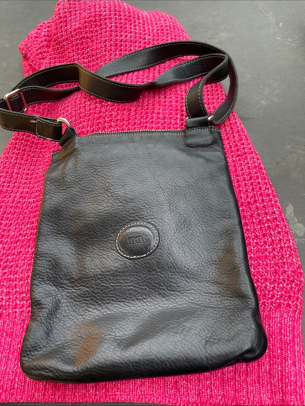 Roots Black Leather Crossbody Bag with Front Zip Pocket